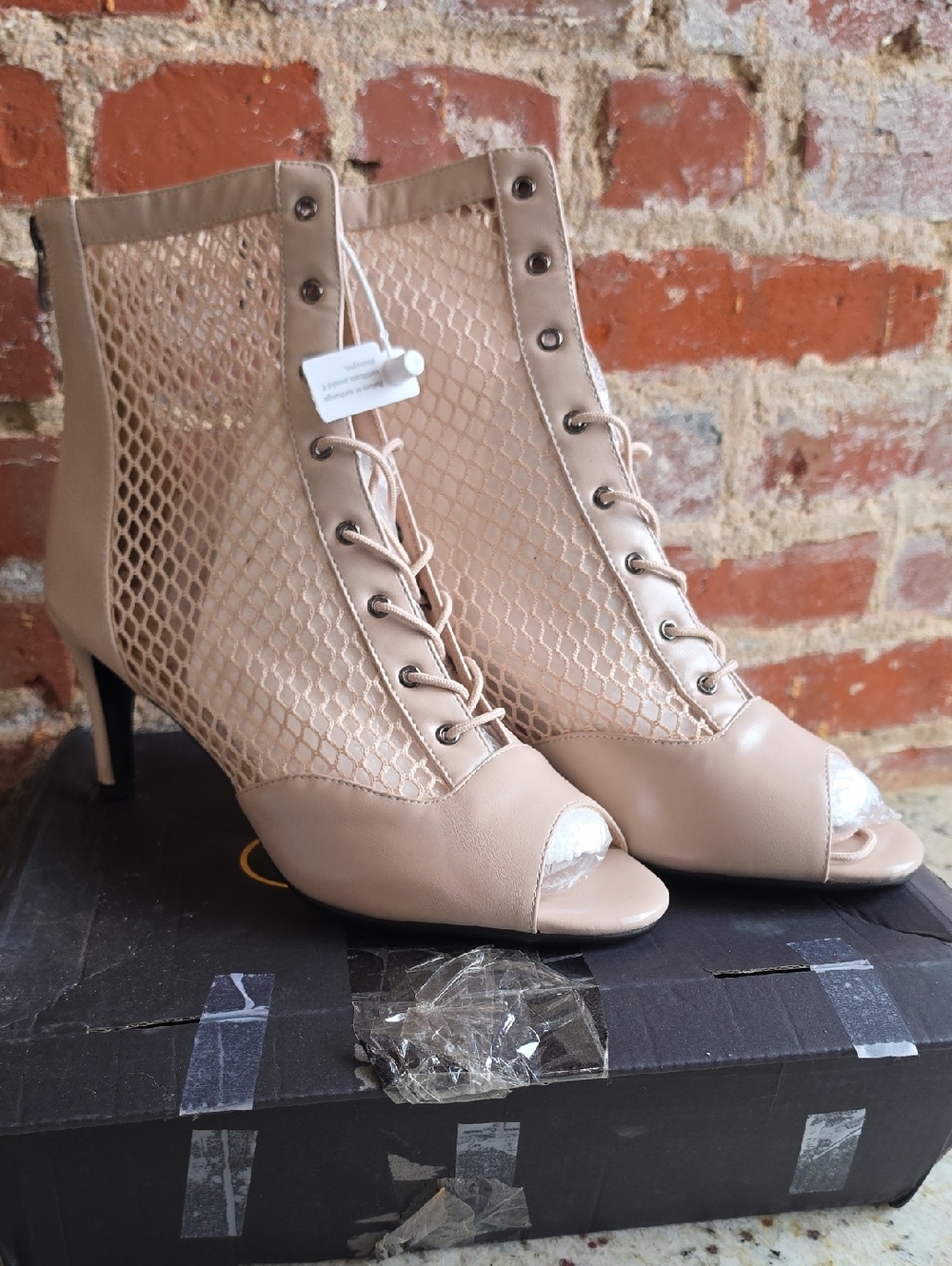 Nude Lace Mesh Peep-Toe Stiletto Heels